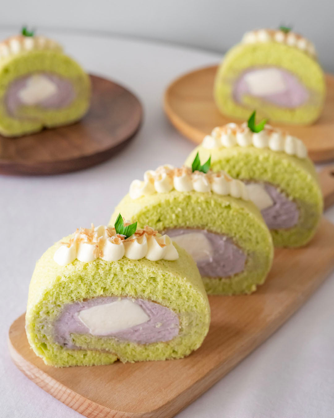 Slices of Pandan Taroo-fic Roll Cakes